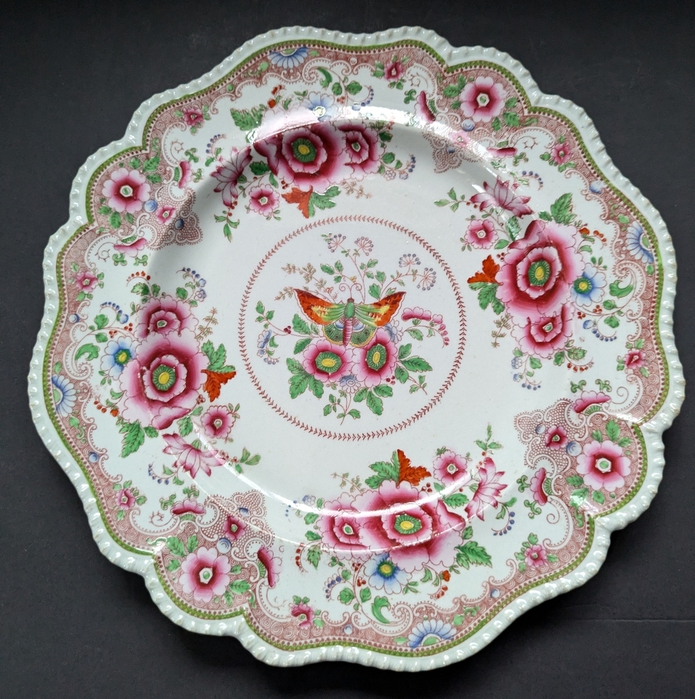 Hicks & Meigh Antique Dinner Plate Hand Coloured Pink Butterfly Floral England